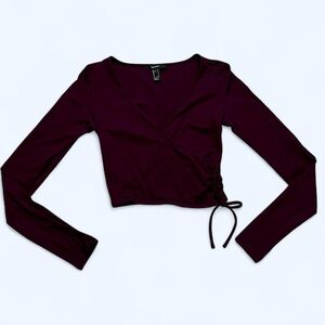 Forever 21 Small Burgundy V-neck Wrap Long Sleeve Crop Top with Tie Detail